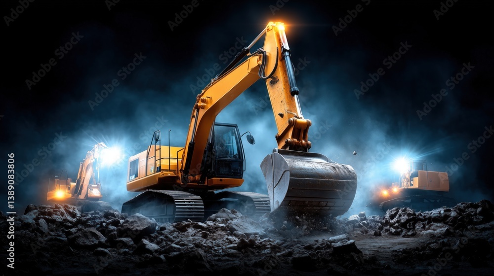 Three excavators work in tandem at a nighttime construction site, their powerful lights cutting through the darkness while gravel and debris scatter around them, showcasing industrial strength Three excavators work in tandem at a nighttime construction site, their powerful lights cutting through the darkness while gravel and debris scatter around them, showcasing industrial strength