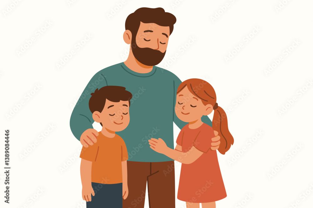Loving Father Embracing Children Vector Illustration, Caring Dad with Son and Daughter, Family Bonding Moment, Parental Affection, Emotional Support, Family Unity, Paternal Love, Fatherhood Concept Loving Father Embracing Children Vector Illustration, Caring Dad with Son and Daughter, Family Bonding Moment, Parental Affection, Emotional Support, Family Unity, Paternal Love, Fatherhood Concept