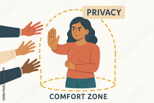 Personal Boundaries Protection Vector Illustration with Woman Gesturing Stop in Privacy Comfort Zone Circle, Hands Reaching Concept for Data Security, Mental Health and Self-Care Design Elements