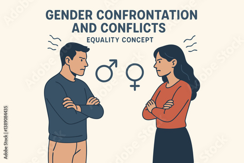 Gender Equality Confrontation Vector Illustration: Man and Woman in Standoff with Male and Female Symbols, Workplace Discrimination Concept, Social Justice Debate Graphic for Diversity Awareness