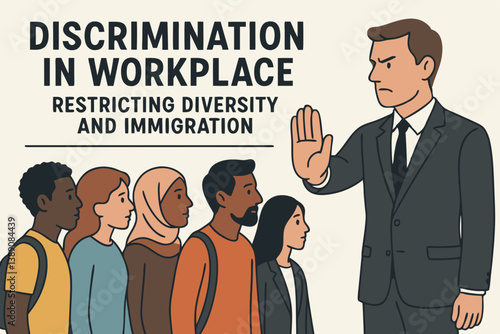 Workplace Discrimination Vector Illustration: Business Executive Blocking Diverse Employees with Stop Hand Gesture, Conceptual Social Issue Artwork Depicting Barriers to Immigration and Inclusion