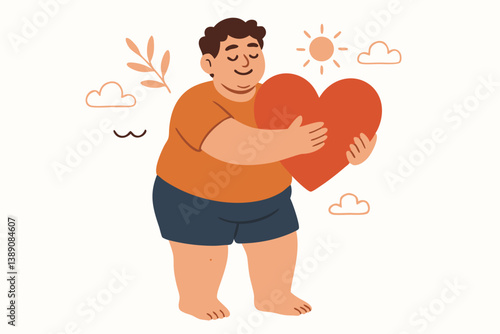 Body Positive Joyful Man Embracing Heart Symbol with Peaceful Expression, Self Love and Acceptance Concept, Wellness Lifestyle Illustration with Decorative Nature Elements