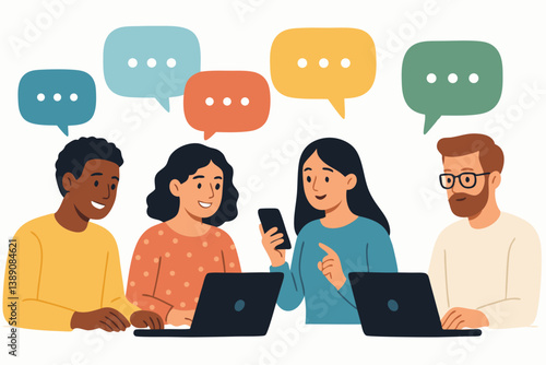 Diverse Team Collaboration: Digital Communication and Remote Work Concept Vector Illustration with Multiethnic Professionals Using Laptops, Smartphones, and Chat Bubbles
