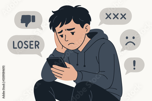 Cyberbullying Concept Vector Illustration with Sad Teenager Looking at Smartphone Surrounded by Negative Messages, Social Media Harassment, Online Abuse, Digital Bullying, Mental Health Impact