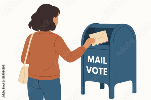 Minimalist Vector Illustration of Woman Submitting Mail-in Ballot, Civic Participation Concept, Absentee Voting Process, Democratic Election Participation, Postal Voting Illustration