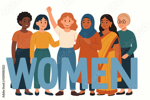 Diverse Women Empowerment Vector Illustration with Multicultural Female Characters Standing Together in Unity, Solidarity and Strength for Gender Equality, Feminism and Women's Rights Movement