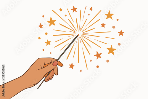 Elegant Hand Holding Golden Sparkler with Festive Starburst Effect, Minimalist Celebration Illustration for New Year's Eve, Diwali, Independence Day or Birthday Party Vector Design
