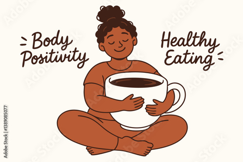 Mindful Self-Care Illustration: Diverse Woman Embracing Body Positivity and Healthy Eating Habits with Oversized Coffee Cup in Serene Meditation Pose, Wellness Vector Art