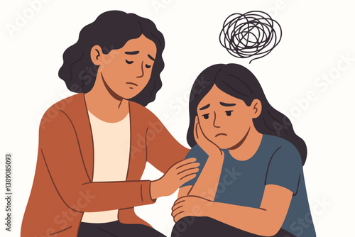 Emotional Support Vector Illustration: Compassionate Woman Comforting Distressed Friend with Anxiety, Depression, or Mental Health Issues, Minimalist Line Art Style for Counseling and Therapy Visuals