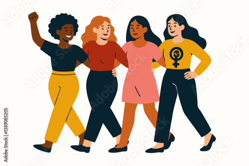 Empowered Diverse Women Marching Together: Vibrant Vector Illustration of Multicultural Sisterhood, Feminism, and Unity for Social Justice Campaigns, Women's Rights Movements, and Equality Concepts
