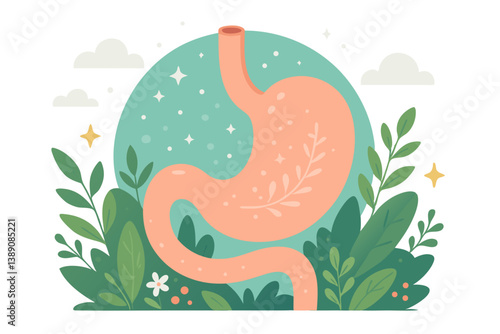 Whimsical Gut Health Illustration: Pastel Stomach Organ Surrounded by Lush Greenery and Starry Sky, Promoting Digestive Wellness and Natural Harmony in Flat Design Style