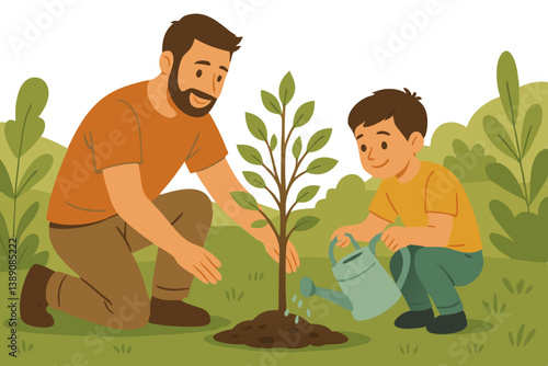Father and Son Planting Tree Together in Nature Vector Illustration, Environmental Education, Family Gardening Activity, Sustainable Living, Parent Teaching Child About Conservation and Earth Day