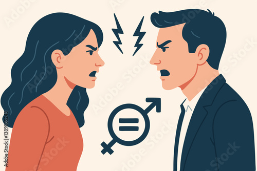 Gender Equality Confrontation Vector Illustration: Angry Man and Woman Face Off with Lightning Bolts and Gender Symbol, Workplace Discrimination Concept for Social Justice Campaigns