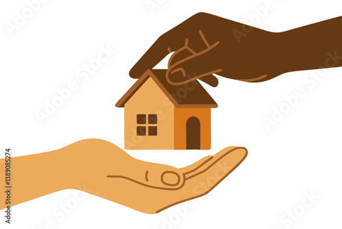 Inclusive Housing Support: Diverse Hands Exchanging Miniature Home, Symbolizing Affordable Housing, Community Aid, and Real Estate Equality in Modern Society