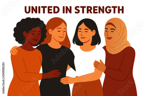 United in Strength: Diverse Women Embracing Solidarity and Empowerment, Multicultural Female Friendship Illustration for Equality Movement, Inclusive Community Support Vector Graphic