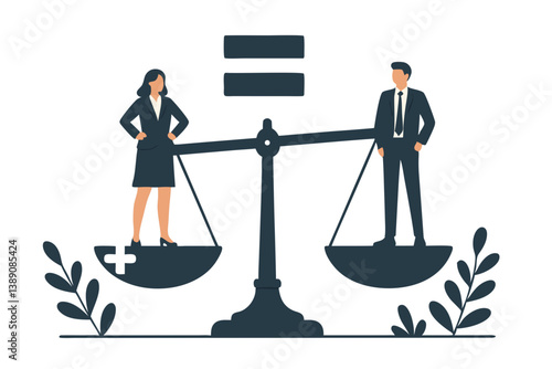 Gender Equality in Business: Professional Man and Woman Balanced on Justice Scale, Corporate Diversity and Equal Opportunity Concept Vector Illustration for Workplace Equity
