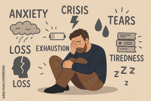 Mental Health Awareness Vector Illustration with Man Experiencing Depression Symptoms, Anxiety, Crisis, Exhaustion, Loss, Tears and Tiredness, Emotional Wellbeing Concept in Minimalist Style