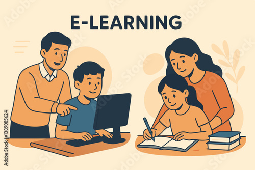 Modern E-Learning Concept Vector Illustration with Family Education Scene, Parents Teaching Children at Home, Online and Traditional Learning Methods, Digital Education in Warm Color Palette
