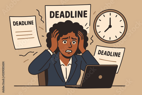 Stressed Businesswoman Overwhelmed by Multiple Deadlines Vector Illustration, Workplace Anxiety Concept, Time Management Crisis, Professional Burnout Syndrome, Office Pressure Cartoon Character
