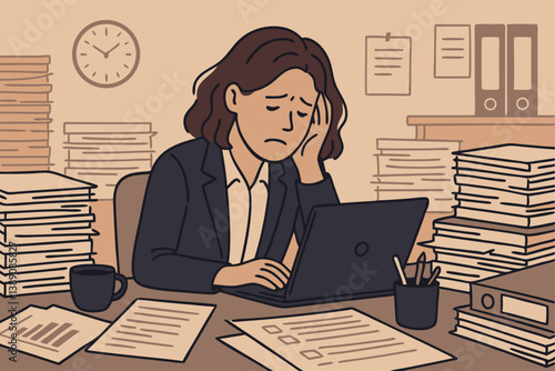 Overwhelmed Businesswoman at Cluttered Desk: Vector Illustration of Workplace Stress, Burnout, and Information Overload in Modern Office Environment