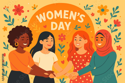 Vibrant Women's Day Celebration Vector: Diverse Female Unity, Floral Harmony, and Empowerment Illustration for International Women's Day Greeting Cards, Social Media Posts, and Equality Campaigns