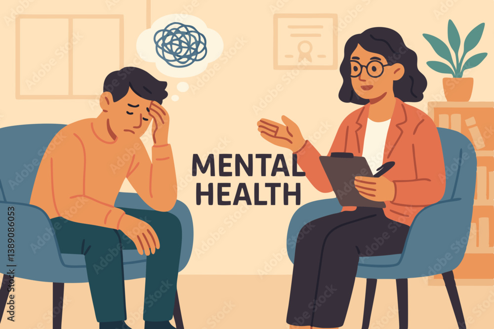 Professional Psychotherapy Session Vector Illustration with Therapist and Patient, Mental Health Counseling Concept, Anxiety and Depression Treatment, Emotional Support in Modern Office Setting