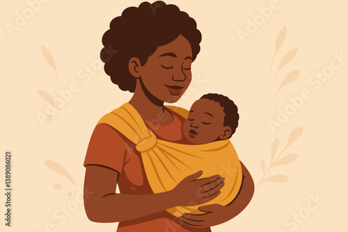 Tender African Mother Carrying Baby in Yellow Sling Illustration, Peaceful Maternal Bonding Moment, Minimalist Warm-Toned Vector Art with Decorative Botanical Background, Nurturing Parenthood Concept