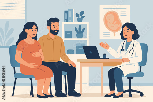 Prenatal Consultation Vector Illustration with Expectant Parents Meeting Female Doctor in Medical Office, Pregnancy Healthcare Appointment with Fetal Development Chart, Family Planning Concept