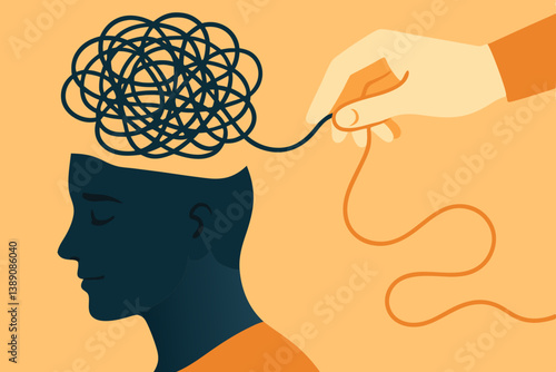 Untangling Mental Complexity: Conceptual Vector Illustration of Cognitive Therapy, Problem-Solving, and Psychological Healing Process in Minimalist Style with Warm Color Palette