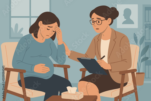 Compassionate Therapy Session: Pregnant Woman Receiving Emotional Support from Professional Counselor in Calming Office Environment, Mental Health Care Illustration