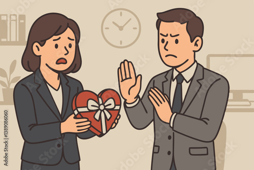 Workplace Rejection Concept: Disappointed Businesswoman Holding Heart-Shaped Gift Box While Male Colleague Gestures Refusal in Office Setting, Emotional Workplace Interaction Vector Illustration