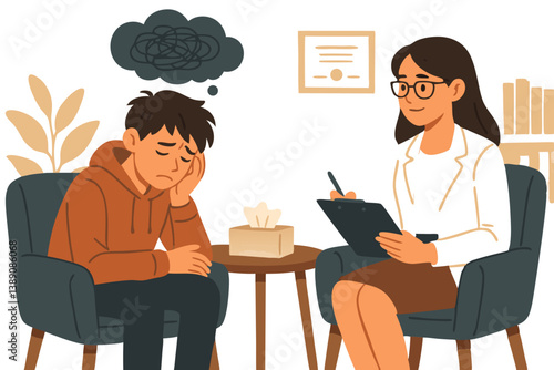 Professional Mental Health Therapy Session with Depressed Teenager in Modern Office Setting, Psychologist Taking Notes while Young Man Expresses Anxiety and Emotional Distress, Counseling Illustration