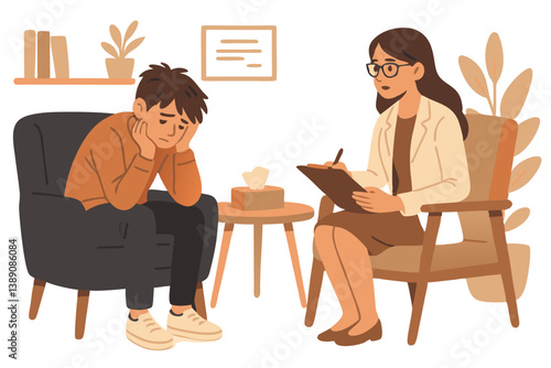 Mental Health Therapy Session Vector Illustration with Depressed Teenager and Professional Psychologist in Cozy Office Interior with Modern Furniture and Decorative Plants in Warm Earth Tones