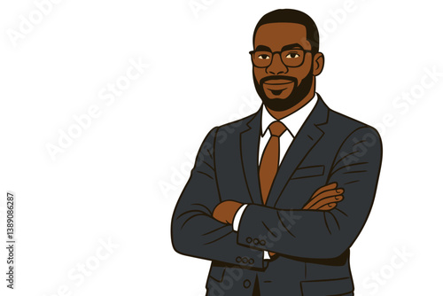 Professional African American Businessman Vector Portrait with Glasses and Navy Suit, Confident Pose with Arms Crossed, Modern Minimalist Corporate Illustration for Leadership and Success Concepts