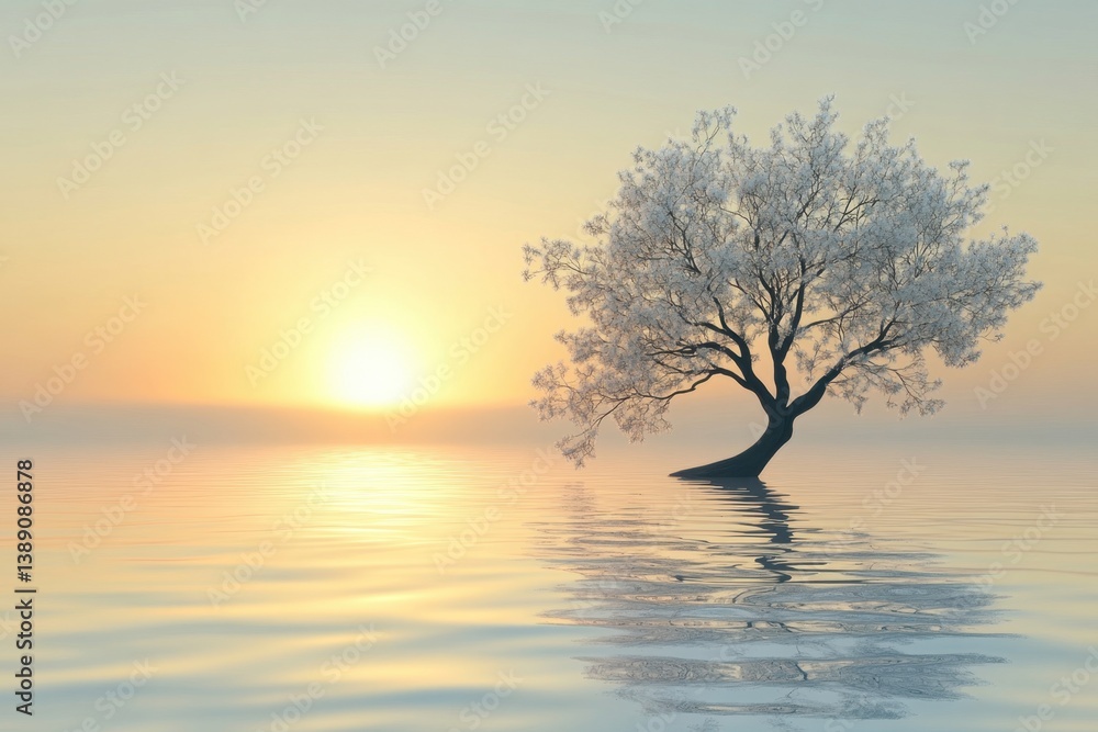 Solitary Tree Reflected in Tranquil Water at Sunset Serene Landscape with Minimalist Composition and Warm Hues Evoking Peace and Calmness Artistic Nature Scene Solitary Tree Reflected in Tranquil Water at Sunset Serene Landscape with Minimalist Composition and Warm Hues Evoking Peace and Calmness Artistic Nature Scene