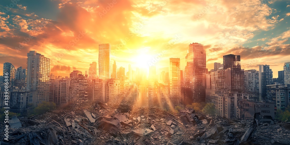 Fototapeta premium Panoramic view of a vibrant utopian city breaking through a crumbling dystopian skyline, sunlight illuminating dreams