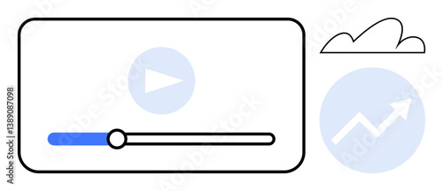 Video player screen with progress bar, play button chart showing upward growth cloud element. Ideal for technology, analytics, video content, data growth, streaming, progress online media. Flat