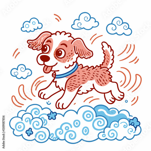 Playful Puppy Jumping Through the Air with Puffy Cloud Curls