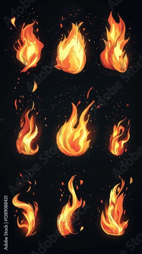 Dynamic collection of stylized fire flames on dark background capturing energy passion and warmth for creative projects
