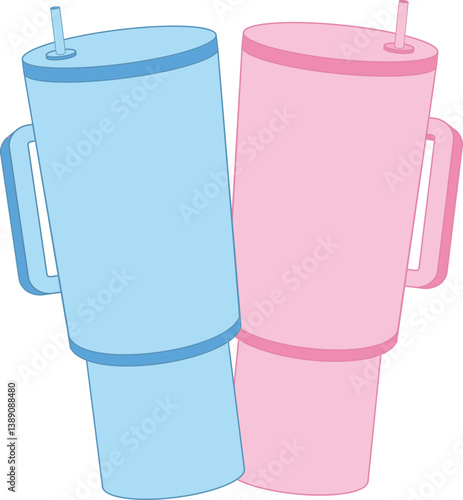 Illustration of two cups with straws in blue and pink colors, Tumbler
