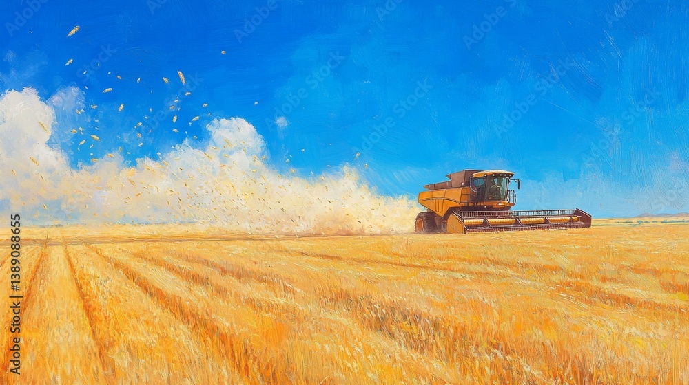Fototapeta premium 104.A large combine harvester moving through a golden wheat field, its mechanical arms processing crops as dust and chaff scatter into the air under a clear blue sky.