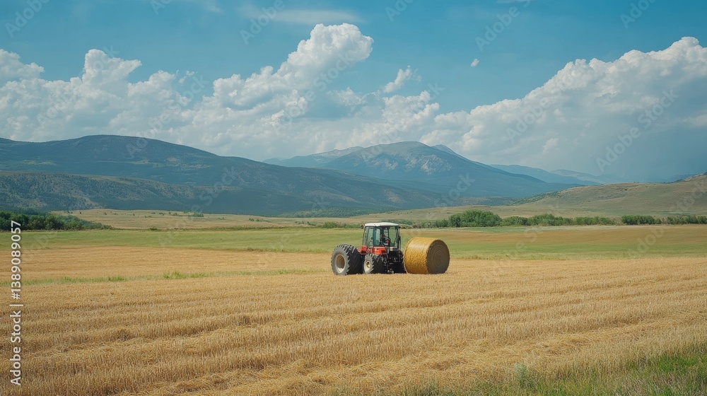 Obraz premium 108.A modern baler compressing hay into dense bales on a sunny day, with fields of tall grass surrounding it and distant mountains forming the backdrop.