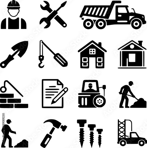Collection of Black and White Construction Icons