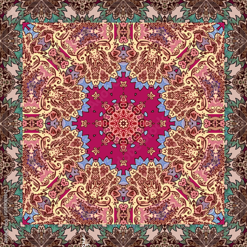 Abstract multicolor pattern for square rug or shawl in ethnic style.
