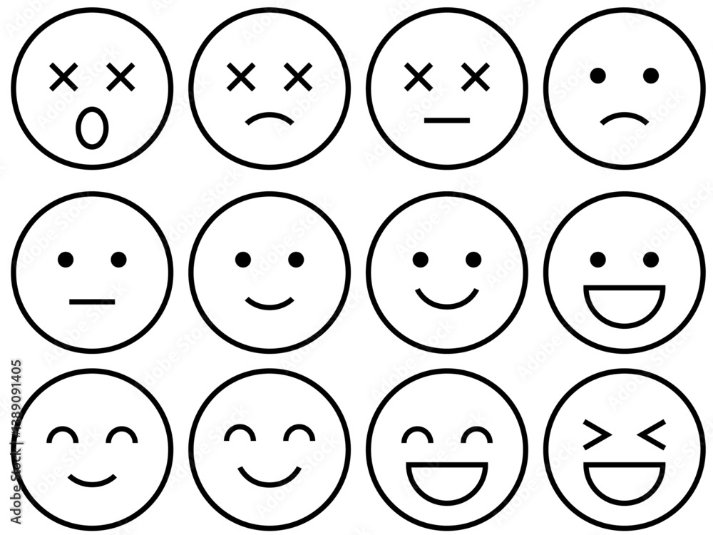 表情アイコンセット 良い・悪い・評価・満足度・感情を表すシンプルな線画イラスト(モノクロ) 表情アイコンセット 良い・悪い・評価・満足度・感情を表すシンプルな線画イラスト(モノクロ)