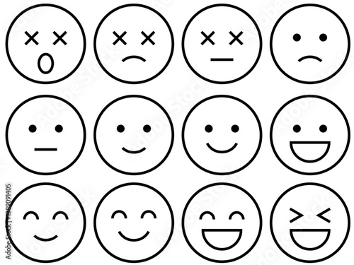 表情アイコンセット　良い・悪い・評価・満足度・感情を表すシンプルな線画イラスト（モノクロ）