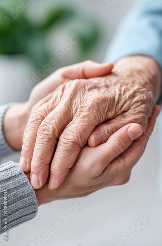 caring moment at home as younger person gently holds hands of elderly individual, symbolizing compassion and support in daily care routines