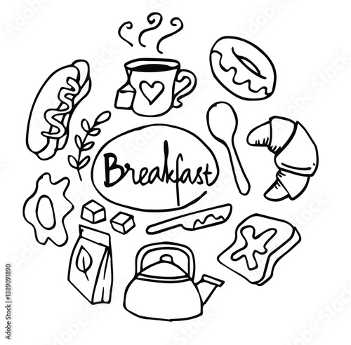 Breakfast doodles set, popular breakfast food and some utensils, drinks and food items for morning meal