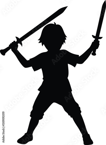 Swordplay Silhouette Young Boy Holding Swords Posing in Isolated Transparent Layout