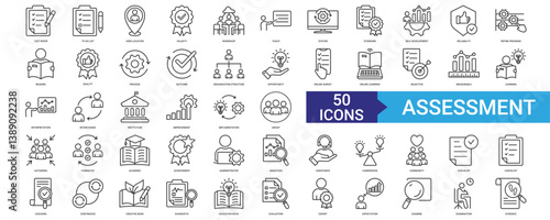 Assessment icon collection set with test paper, to do list, user location, validity, workshop